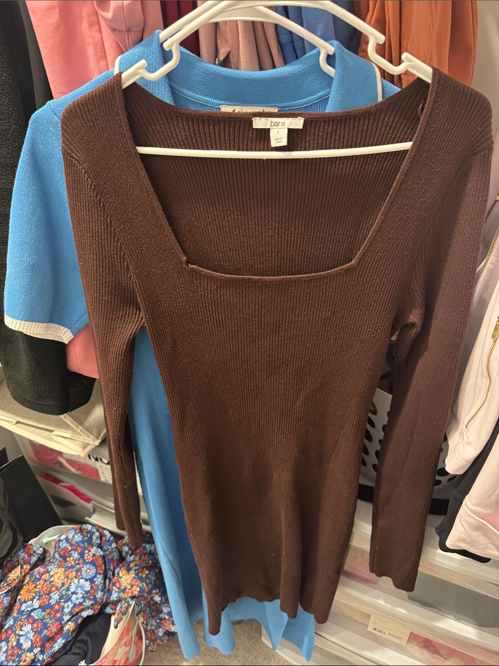 Bar III Brown Ribbed V-Neck Sweater Dress